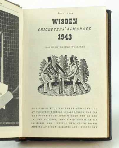 Wisden Cricketers’ Almanack 1943. 80th edition. Only 5600 paper copies were printed in this war year. Handsomely bound in full black leather, lacking original paper wrappers, raised bands and title and date in gilt to spine, gilt to page block. Very good 