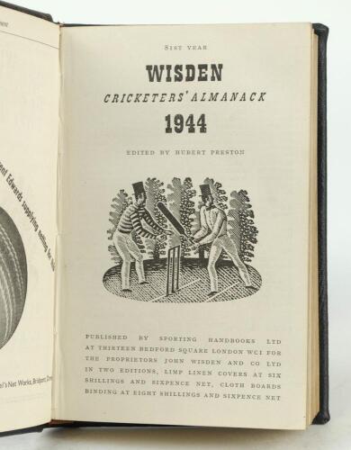 Wisden Cricketers’ Almanack 1944. 81st edition. Only 5600 paper copies were printed in this war year. Handsomely bound in full black leather, lacking original paper wrappers, raised bands and title and date in gilt to spine, gilt to page block. Very good 