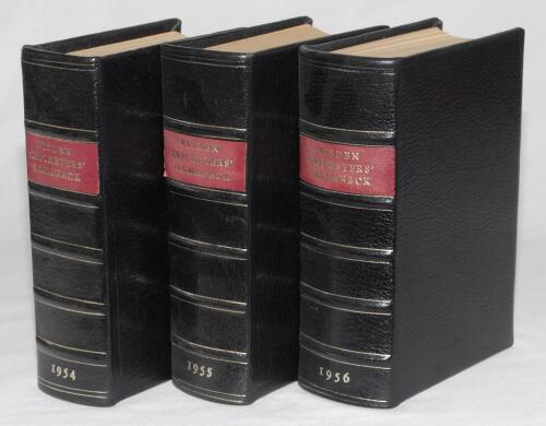 Wisden Cricketers’ Almanack 1946 to 2012 and 2019. Full and complete run of sixty eight editions of the Almanack for the years stated. All but one of the books handsomely bound in full black leather, lacking original paper wrappers, raised bands and title