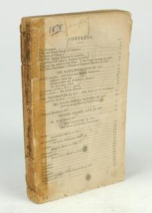 Wisden Cricketers’ Almanack 1878. 15th edition. An incomplete edition lacking wrappers, title page and last two pages at the rear. Old tape marks to left hand vertical border near to the spine. Wear, marks and slight damage to first page otherwise in gene