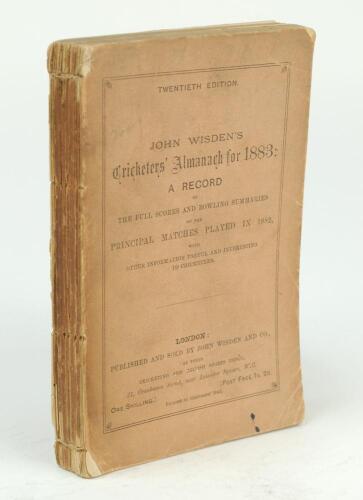 Wisden Cricketers’ Almanack 1883. 20th edition. Original paper wrappers. Some minor darkening, wear and minor loss to wrappers at corners and near to spine. Rear wrapper detached and seven rear pages becoming detached. Breaking to page block, loss to spin