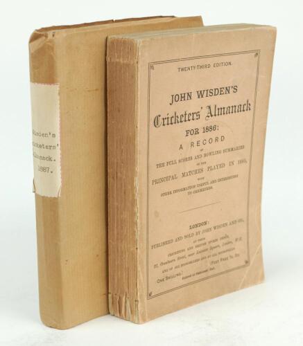 Wisden Cricketers’ Almanack 1886 and 1887. 23rd & 24th editions. The 1886 edition with original paper wrappers, the front wrapper becoming cleanly detached, some minor wear to wrappers, minor loss to spine paper to the foot of the spine paper otherwise in