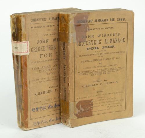 Wisden Cricketers’ Almanack 1888 and 1889. 25th & 26th editions. Original paper wrappers. The 1888 edition with some minor darkening to wrappers. Old tape marks to head and foot of spine and wrapper, some wear and loss to spine paper otherwise in good con