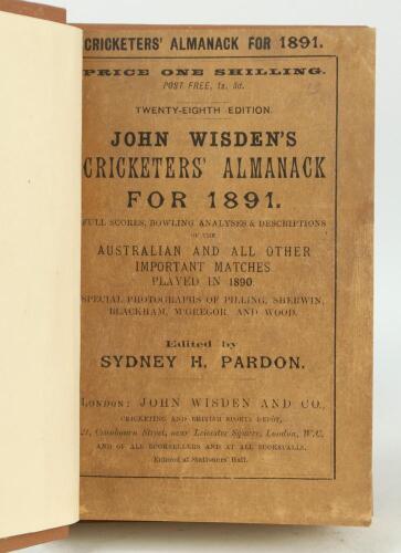 Wisden Cricketers’ Almanack 1891. 28th edition. Bound in brown boards, with original paper wrappers, gilt titles to front board and spine, some paper repairs to corners to the back of wrappers otherwise in good/very good condition