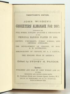 Wisden Cricketers’ Almanack 1892. 29th edition. Bound in blue boards, lacking original paper wrappers, gilt titles to spine, red speckled page edges. Lacking front and rear advertising pages otherwise in good/very good condition