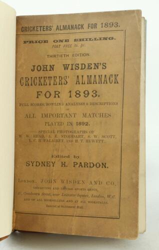 Wisden Cricketers’ Almanack 1893. 30th edition. Bound in quarter leather binding, with original paper wrappers, gilt titles to spine. Some darkening and wear to wrappers otherwise in good+ condition