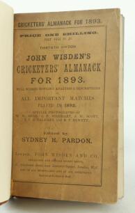 Wisden Cricketers’ Almanack 1893. 30th edition. Bound in quarter leather binding, with original paper wrappers, gilt titles to spine. Some darkening and wear to wrappers otherwise in good+ condition