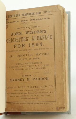 Wisden Cricketers’ Almanack 1894. 31st edition. Bound in quarter leather binding, with original paper wrappers, gilt titles to spine. Some darkening and wear to wrappers, minor corner loss to wrappers otherwise in good+ condition