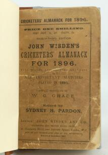 Wisden Cricketers’ Almanack 1896 and 1897. 33rd & 34th editions. Both bound in quarter leather binding, with original paper wrappers, gilt titles to spine. The 1896 edition with soiling and wear to wrappers, loss to the front wrapper edge near to the lowe