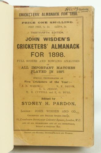 Wisden Cricketers’ Almanack 1898. 35th edition. Bound in quarter leather binding, with original paper wrappers, gilt titles to spine. Minor wear and foxing to the wrappers, handwritten name of ownership to the top border of the front wrapper, some loss to