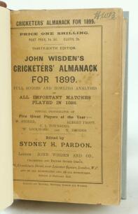 Wisden Cricketers’ Almanack 1899. 36th edition. Bound in quarter leather binding, with original paper wrappers, gilt titles to spine. Minor wear to the wrappers, handwritten name of ownership to the top border of the front wrapper, some wear and very slig