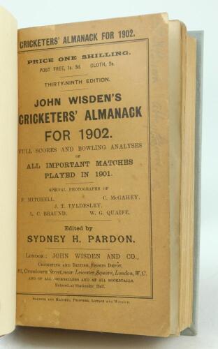 Wisden Cricketers’ Almanack 1902. 39th edition. Bound in quarter leather binding, with original paper wrappers, gilt titles to spine. Minor wear and soiling to the wrappers, pencil handwritten name of ownership to the side border of the front wrapper othe