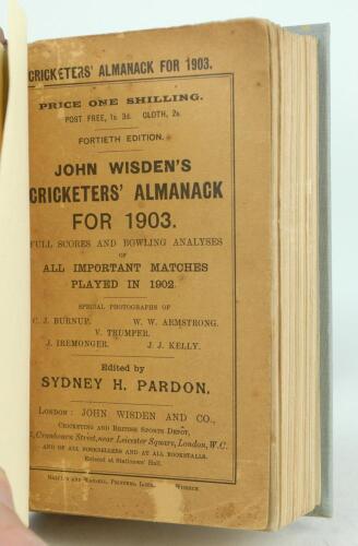 Wisden Cricketers’ Almanack 1903. 40th edition. Bound in quarter leather binding, with original paper wrappers, gilt titles to spine. Some wear and soiling to the wrappers, small loss of print surface to the front wrapper otherwise in good+ condition