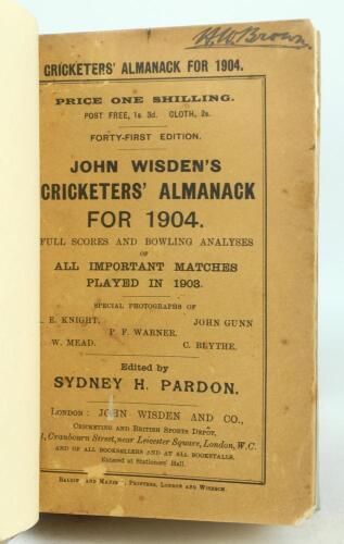 Wisden Cricketers’ Almanack 1904. 41st edition. Bound in quarter leather binding, with original paper wrappers, gilt titles to spine. Some wear to the wrappers, handwritten name of ownership to the top border of the front wrapper, some wear and very sligh