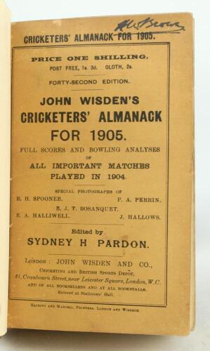 Wisden Cricketers’ Almanack 1905. 42nd edition. Bound in quarter leather binding, with original paper wrappers, gilt titles to spine. Very minor wear to the wrappers, handwritten name of ownership to the top border of the front wrapper otherwise in good/v