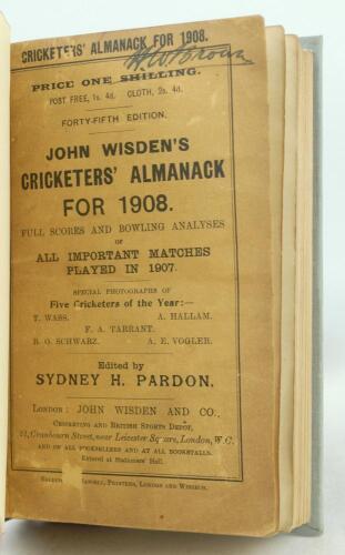 Wisden Cricketers’ Almanack 1908. 45th edition. Bound in quarter leather binding, with original paper wrappers, gilt titles to spine. Some wear and darkening to the wrappers, some minor surface loss to the wrappers, handwritten name of ownership to the to