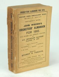 Wisden Cricketers’ Almanack 1910. 47th edition. Original paper wrappers. Some darkening to the spine paper and edges of the wrappers near to the spine, some wear to the spine paper with small loss otherwise in good/very good condition