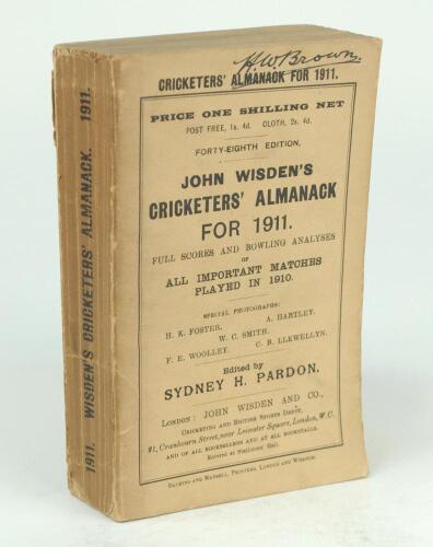 Wisden Cricketers’ Almanack 1911. 48th edition. Original paper wrappers. Some slight darkening to the spine paper and edges of the wrappers near to the spine, minor wear and slight loss to the spine paper, handwritten name of ownership to the top border o