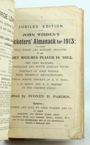 Wisden Cricketers’ Almanack 1913 and 1914. 50th & 51st editions. Both editions bound in quarter leather binding, the 1914 edition with original paper wrappers, gilt titles to spine. The 1913 edition lacking wrappers, the last advertising page is bound in 