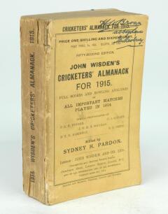 Wisden Cricketers’ Almanack 1915. 52nd edition. Original paper wrappers. Some wear and slight loss to the spine paper and wrapper extremities, slight splitting to wrappers where they meet the spine, handwritten name and address of ownership to top border 