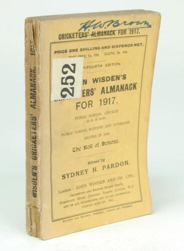 Wisden Cricketers’ Almanack 1917. 54th edition. Original paper wrappers. Some general wear to the wrappers and spine paper, some loss to the spine paper at head and the foot of the book, handwritten name of ownership to top border of the front wrapper, so