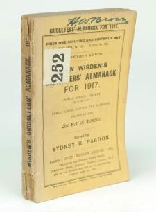 Wisden Cricketers’ Almanack 1917. 54th edition. Original paper wrappers. Some general wear to the wrappers and spine paper, some loss to the spine paper at head and the foot of the book, handwritten name of ownership to top border of the front wrapper, so