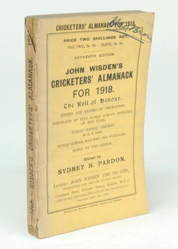 Wisden Cricketers’ Almanack 1918. 55th edition. Original paper wrappers. Some general wear to the wrappers and spine paper, some loss to the spine paper at head and the foot of the book, handwritten name of ownership to top border of the front wrapper oth