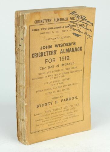 Wisden Cricketers’ Almanack 1919. 56th edition. Original paper wrappers. Some general wear to the wrappers and spine paper, complete loss of the spine paper, handwritten name and address of ownership to top border of the front wrapper, rear wrapper cleanl