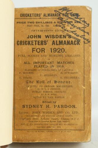 Wisden Cricketers’ Almanack 1920 and 1921. 57th & 58th editions. Both editions bound in quarter leather binding, with original paper wrappers, gilt titles to spine. Both editions with handwritten name and address of ownership to top border of the front wr