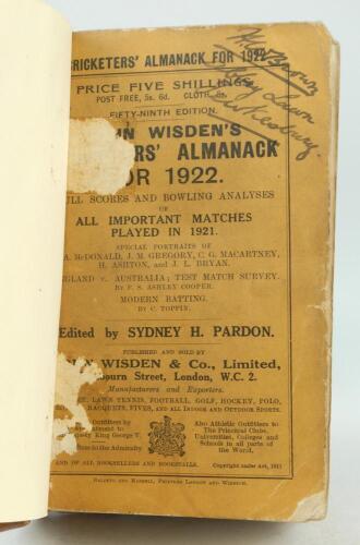 Wisden Cricketers’ Almanack 1922 and 1923. 59th & 60th editions. Both editions bound in quarter leather binding, with original paper wrappers, the 1922 edition lacking rear wrapper, gilt titles to spine. Both editions with handwritten name and address of 