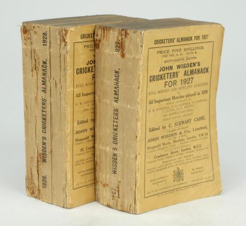 Wisden Cricketers’ Almanack 1927 and 1928. 64th & 65th editions. Original wrappers. Both editions with some minor breaking to the page block, both editions with soiled and worn wrappers and spines. The 1927 edition with some loss to the spine paper, the 1