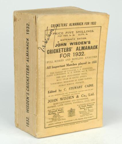 Wisden Cricketers’ Almanack 1932. 69th edition. Original paper wrappers. Handwritten name of ownership to top border of the front wrapper, minor wear and soiling to wrappers and spine paper, small loss to the spine paper otherwise in good condition