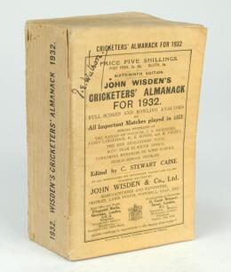 Wisden Cricketers’ Almanack 1932. 69th edition. Original paper wrappers. Handwritten name of ownership to top border of the front wrapper, minor wear and soiling to wrappers and spine paper, small loss to the spine paper otherwise in good condition