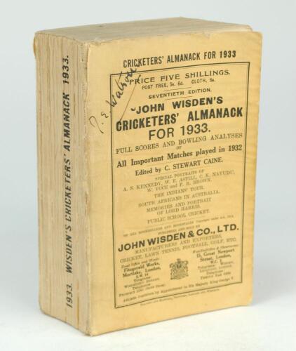 Wisden Cricketers’ Almanack 1933. 70th edition. Original paper wrappers. Handwritten name of ownership to top border of the front wrapper, minor wear to front wrapper otherwise in good condition