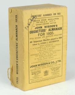 Wisden Cricketers’ Almanack 1935. 72nd edition. Original paper wrappers. Handwritten name of ownership to top border of the front wrapper, minor wear with small loss to the spine paper otherwise in good+ condition