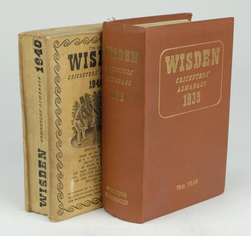 Wisden Cricketers’ Almanack 1939 and 1940. 76th & 77th editions. The 1939 edition bound similar to an original hardback, lacking original wrapper and in good/very good condition. The 1940 edition with original covers which are worn and faded, breaking to 