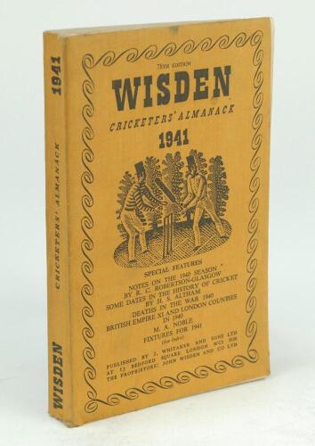 Wisden Cricketers’ Almanack 1941. 78th edition. Original limp cloth covers. Only 3200 paper copies printed in this war year. Minor mark to the front edge of the front cover, slight light creasing to rear cover otherwise in generally good/very good conditi