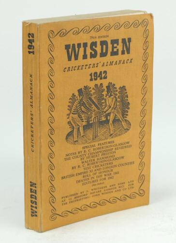 Wisden Cricketers’ Almanack 1942. 79th edition. Original limp cloth covers. Only 4100 paper copies printed in this war year. Good/very good condition. Rare war-time edition