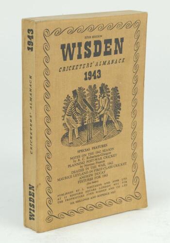 Wisden Cricketers’ Almanack 1943. 80th edition. Original limp cloth covers. Only 5600 paper copies printed in this war year. Slight discolouration to covers, odd very minor faults otherwise in good/very good condition. Rare war-time edition