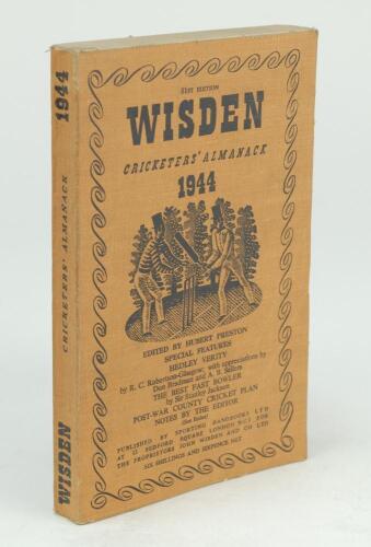 Wisden Cricketers’ Almanack 1944. 81st edition. Original limp cloth covers. Only 5600 paper copies printed in this war year. Minor wear to covers otherwise in good/very good condition. Rare war-time edition