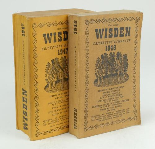 Wisden Cricketers’ Almanack 1946 and 1947. Original limp cloth covers. Minor wear to cover extremities of the 1946 edition, minor soiling and wear to the covers and slight bowing of the 1947 edition otherwise in good condition.