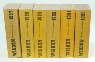 Wisden Cricketers’ Almanack 1950, 1951, 1953, 1954, 1955 and 1957. Original limp cloth covers. Slight bowing to the 1957 edition, odd minor faults otherwise in good/very good condition. Qty 6