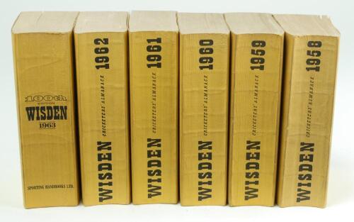 Wisden Cricketers’ Almanack 1958, 1959, 1960, 1961, 1962 and 1963. Original limp cloth covers. Slight bowing to odd edition, odd minor faults otherwise in good+ condition. Qty 6