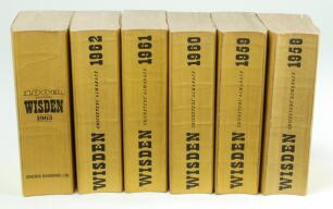 Wisden Cricketers’ Almanack 1958, 1959, 1960, 1961, 1962 and 1963. Original limp cloth covers. Slight bowing to odd edition, odd minor faults otherwise in good+ condition. Qty 6