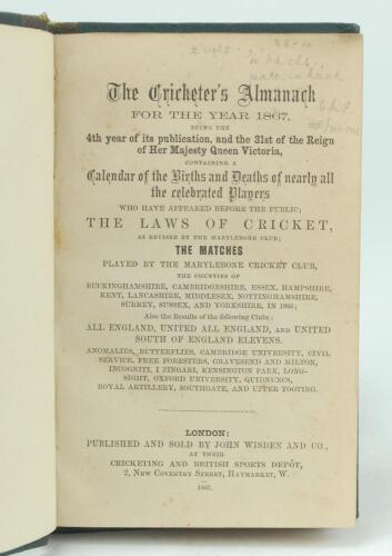 Wisden Cricketers’ Almanack 1867. 4th edition. Bound in black quarter leather with green boards, lacking original paper wrappers, with titles in gilt to spine, marbled page edge. Minor stain to top edge of the page block towards the end of the book otherw