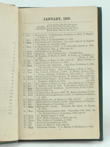 Wisden Cricketers’ Almanack 1869. 6th edition. Bound in black quarter leather with green boards, lacking original paper wrappers, with titles in gilt to spine, marbled page edge. Lacking title page otherwise in good/very good condition. Pages checked, com