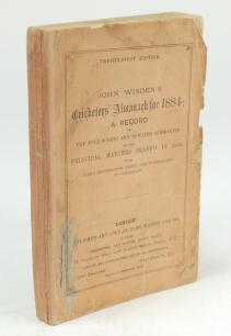 Wisden Cricketers’ Almanack 1884. 21st edition. Original paper wrappers. Neat replacement spine paper. Some wear and soiling to wrappers, some small loss to wrapper edges and the odd corner to front and rear, stain with small tear to lower left hand corne