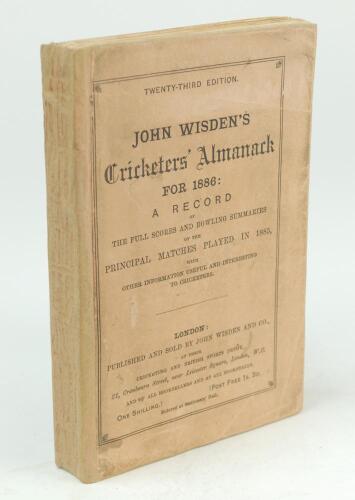 Wisden Cricketers’ Almanack 1886. 23rd edition. Original paper wrappers. Replacement spine paper. Some wear, soiling and crease to wrappers, internally good