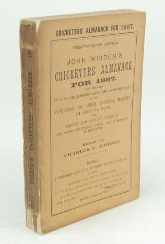 Wisden Cricketers’ Almanack 1887. 24th edition. Original paper wrappers. Minor loss to head and base of spine paper, very minor loss to top right hand corner of front wrapper, some darkening to spine paper otherwise in very good condition