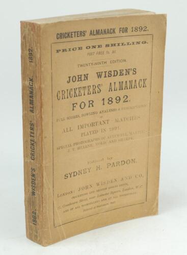 Wisden Cricketers’ Almanack 1892. 29th edition. Original paper wrappers, replacement spine paper. Some minor wear to wrappers and spine, light bump to the top corner of the page block otherwise in good+ condition